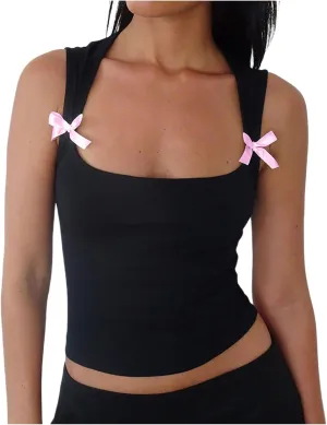 Women Y2K Bow Tank Top Sleeveless Bow Tie Shoulder Cami Crop Top Fairy Grunge Ribbon Camisole Going Out Streetwear