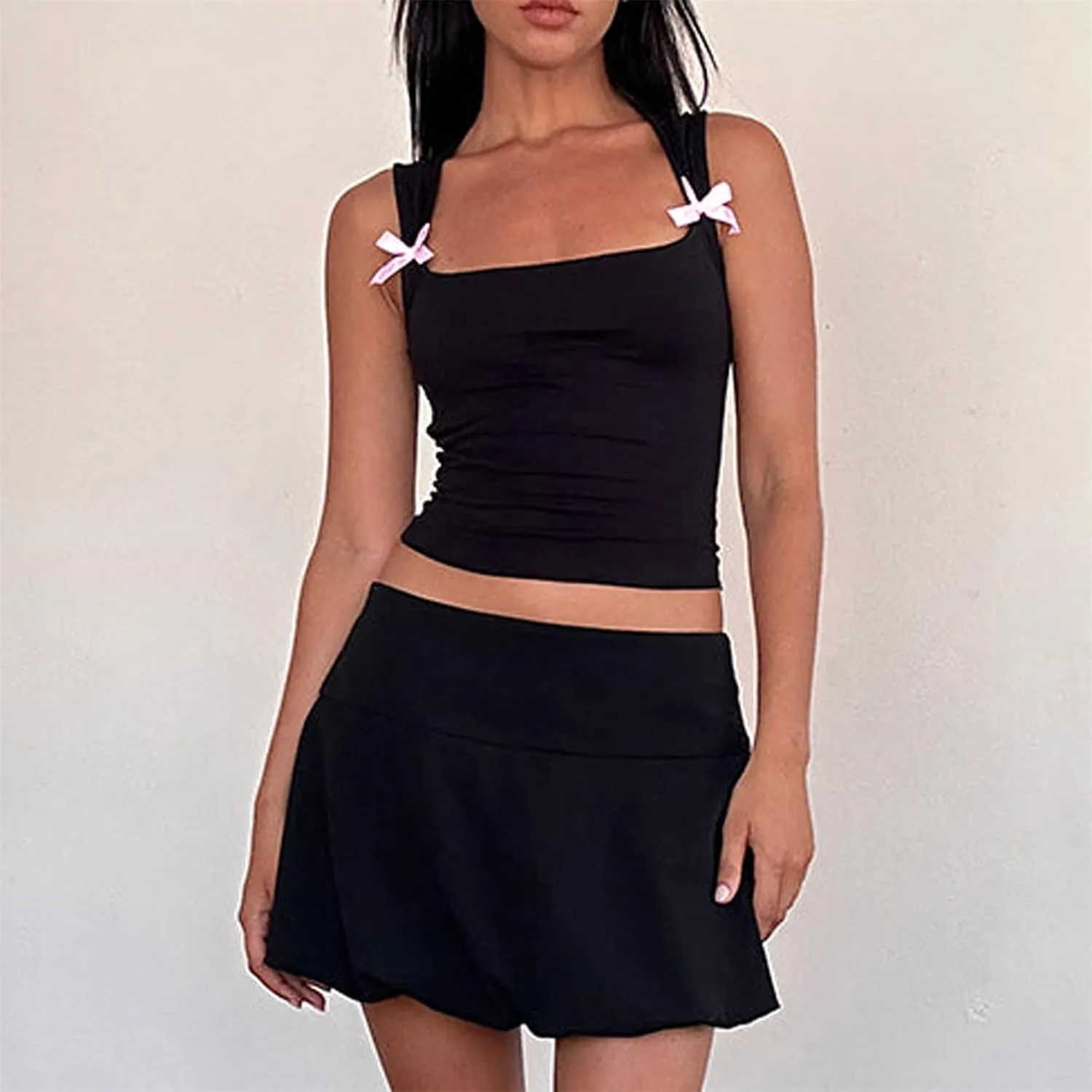 Women Y2K Bow Tank Top Sleeveless Bow Tie Shoulder Cami Crop Top Fairy Grunge Ribbon Camisole Going Out Streetwear