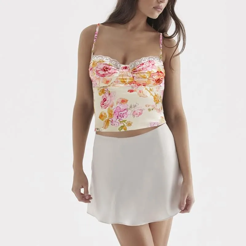 Women Y2k Floral Print Tank Top Sexy Fairy Grunge Spaghetti Strap Cami Vintage Backless Tank Top Camisole Going Out Tops