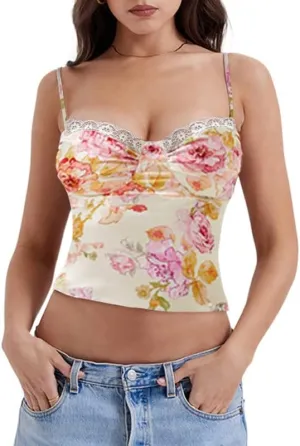 Women Y2k Floral Print Tank Top Sexy Fairy Grunge Spaghetti Strap Cami Vintage Backless Tank Top Camisole Going Out Tops