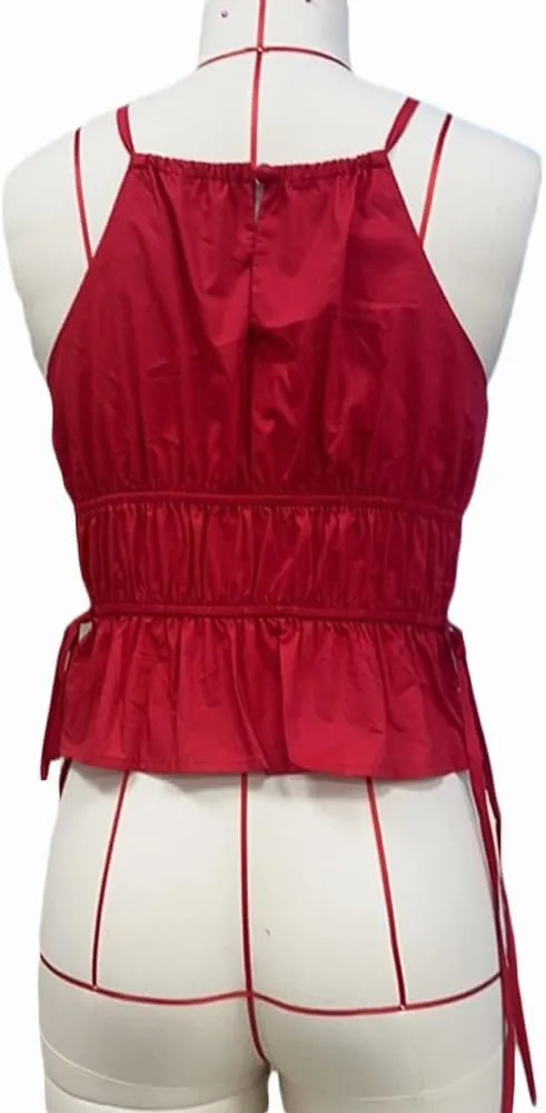 Women Y2K Halter Tank Top Summer Sexy Backless Tie Back Ruched Crop Camisole Shirt Basic Going Out Top Streetwear