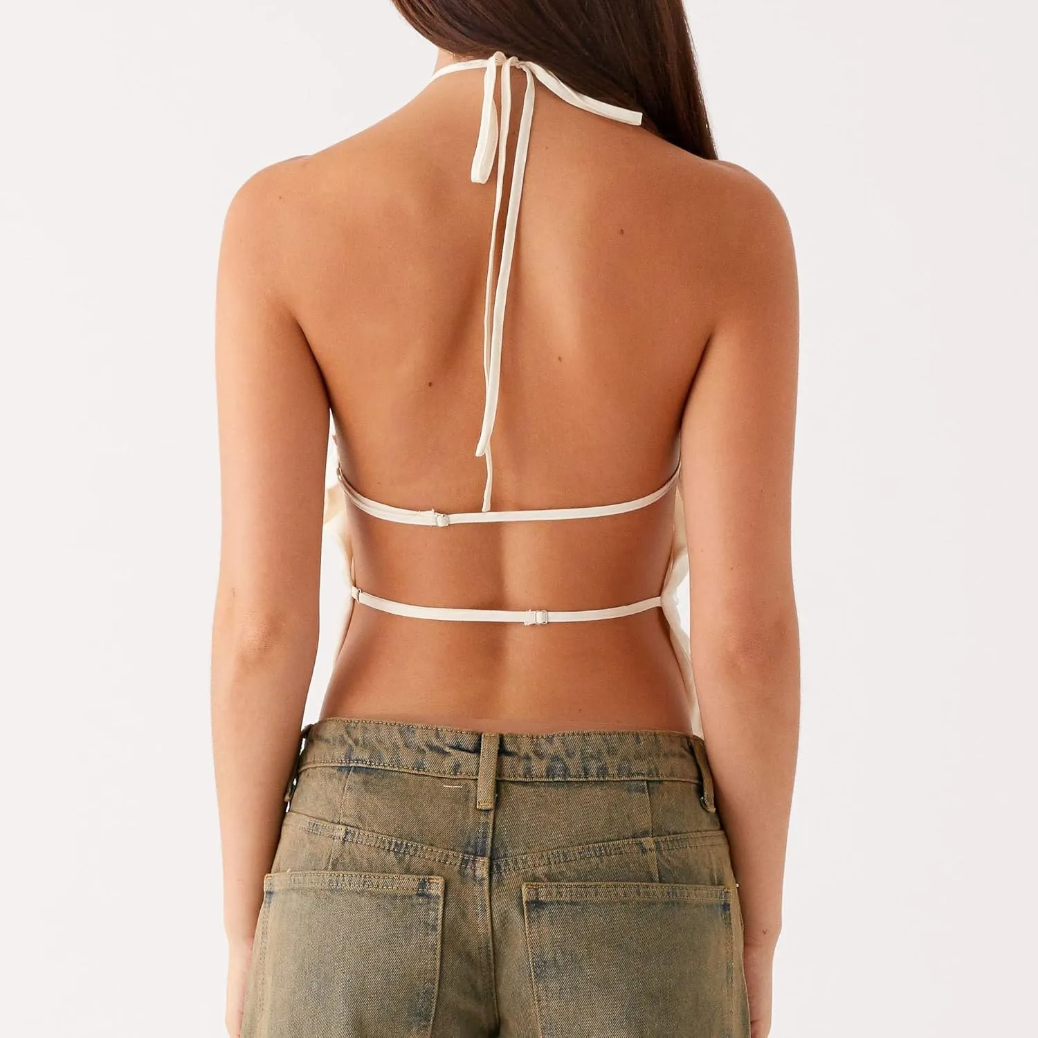 Women Y2K Halter Tank Top Summer Sexy Backless Tie Back Ruched Crop Camisole Shirt Basic Going Out Top Streetwear