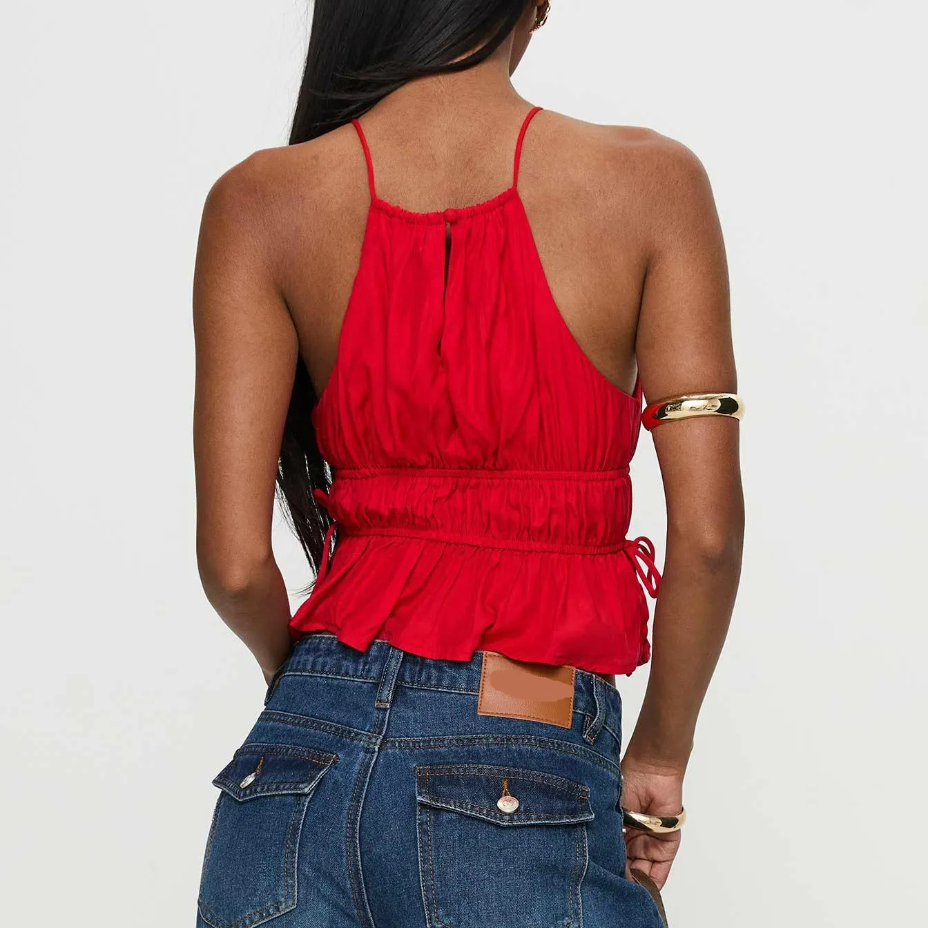 Women Y2K Halter Tank Top Summer Sexy Backless Tie Back Ruched Crop Camisole Shirt Basic Going Out Top Streetwear