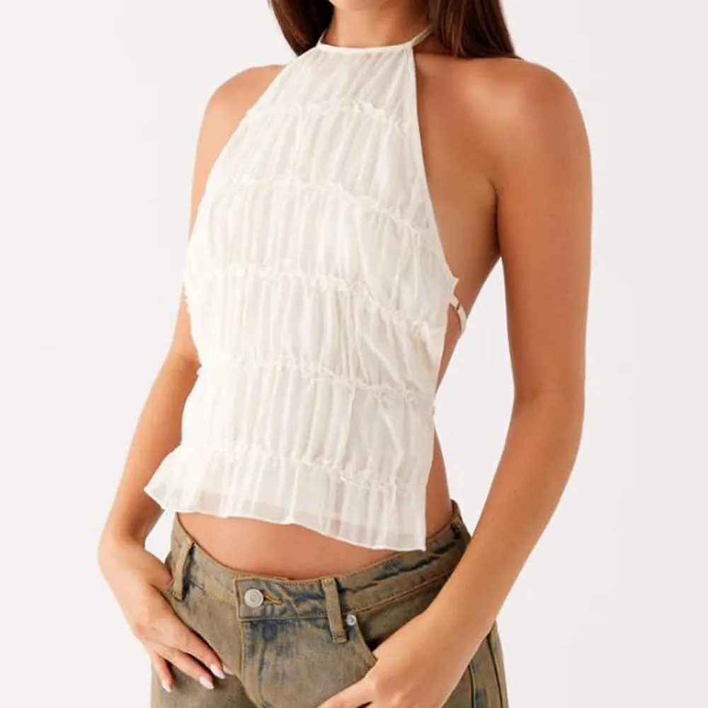 Women Y2K Halter Tank Top Summer Sexy Backless Tie Back Ruched Crop Camisole Shirt Basic Going Out Top Streetwear