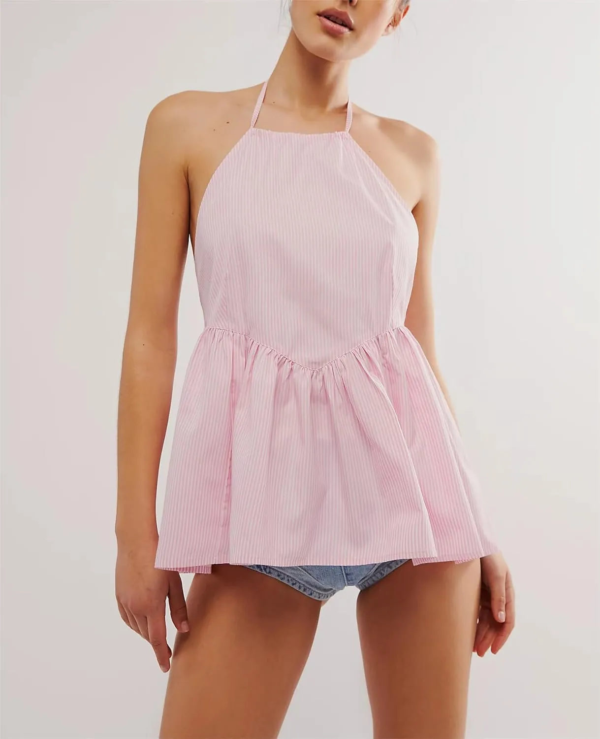 Women Y2k Striped Tank Top Sleeveless Halter Neck Tie Back Babydoll Shirt Cute Ruffle Hem Flowy Cami Vest Top