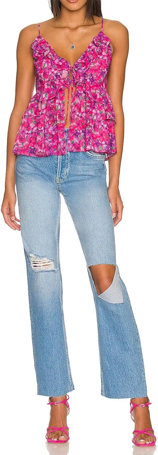 Women Y2k Tiered Lace Ruffle Spaghetti Strap Cami Top Floral Print Babydoll Tank Top Vneck Flowy Bow Tie Camisole
