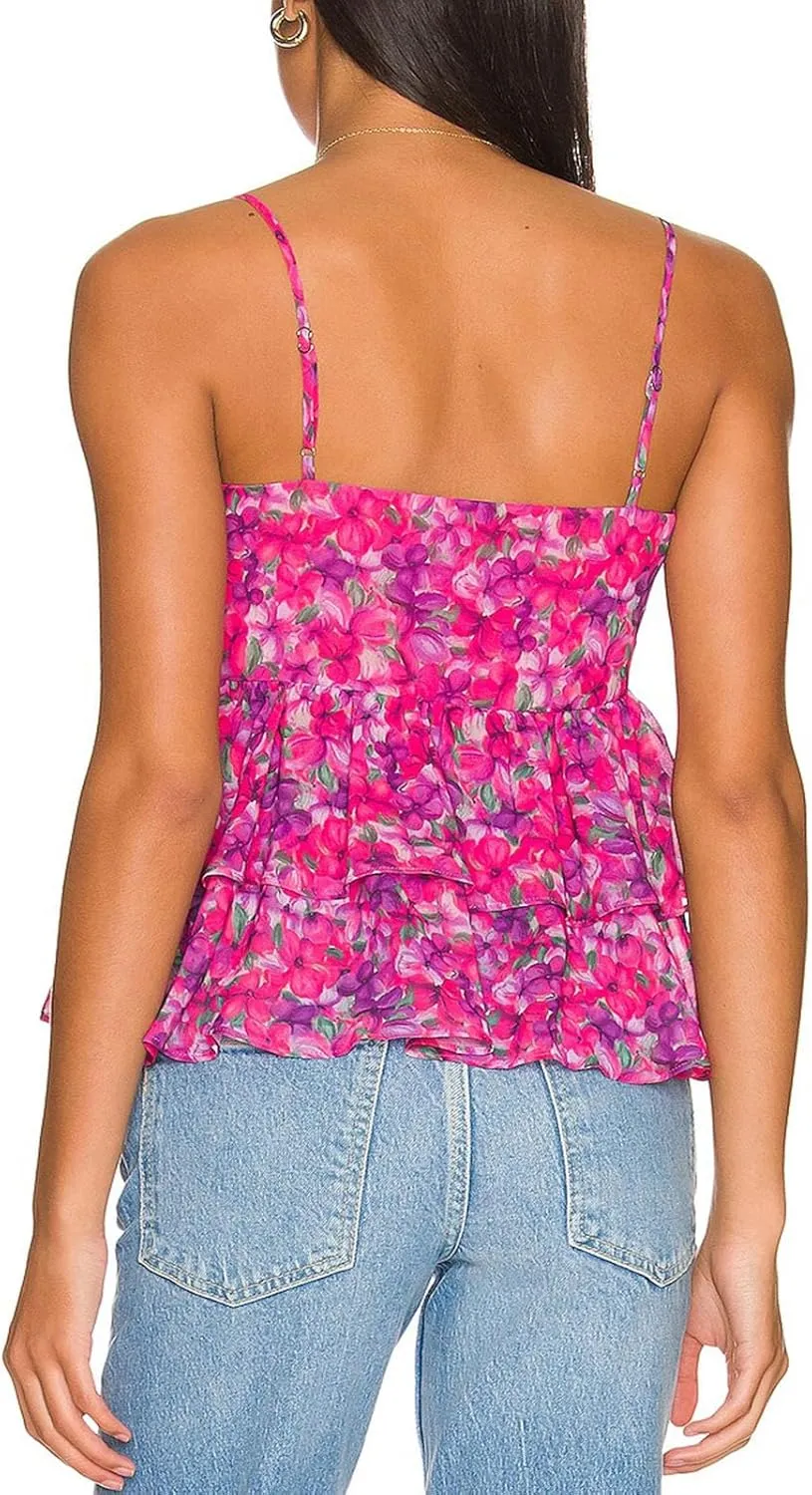Women Y2k Tiered Lace Ruffle Spaghetti Strap Cami Top Floral Print Babydoll Tank Top Vneck Flowy Bow Tie Camisole
