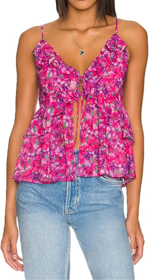 Women Y2k Tiered Lace Ruffle Spaghetti Strap Cami Top Floral Print Babydoll Tank Top Vneck Flowy Bow Tie Camisole