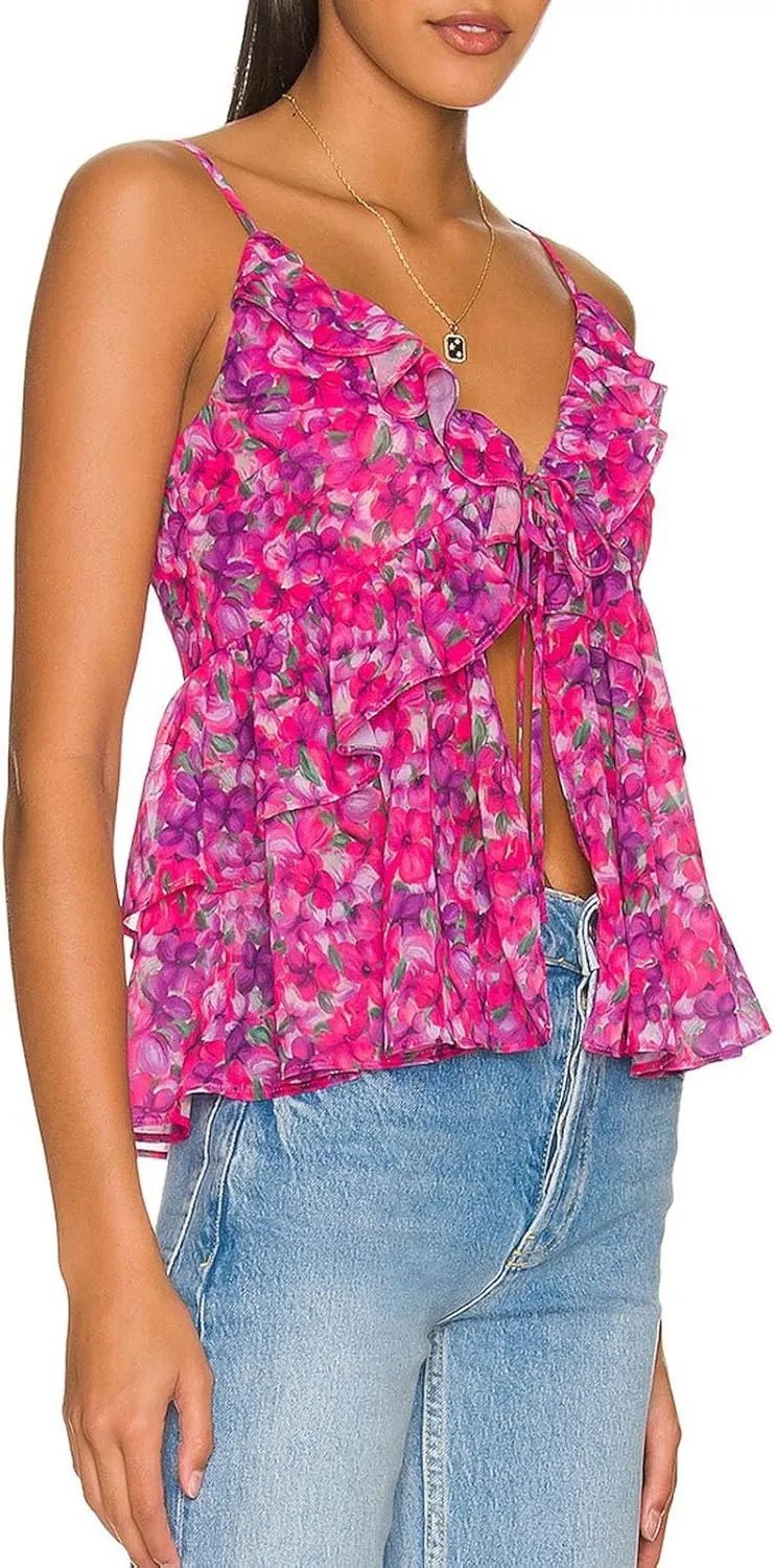 Women Y2k Tiered Lace Ruffle Spaghetti Strap Cami Top Floral Print Babydoll Tank Top Vneck Flowy Bow Tie Camisole