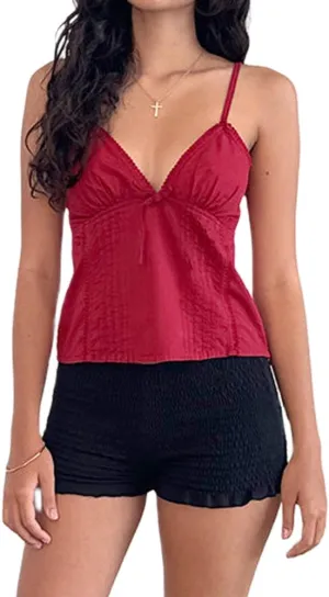Women Y2K Vintage Cami Tank Top 00s Aesthetic Spaghetti Strap V Neck Crop Top Cottage Camisole Fairy Coquette Vest