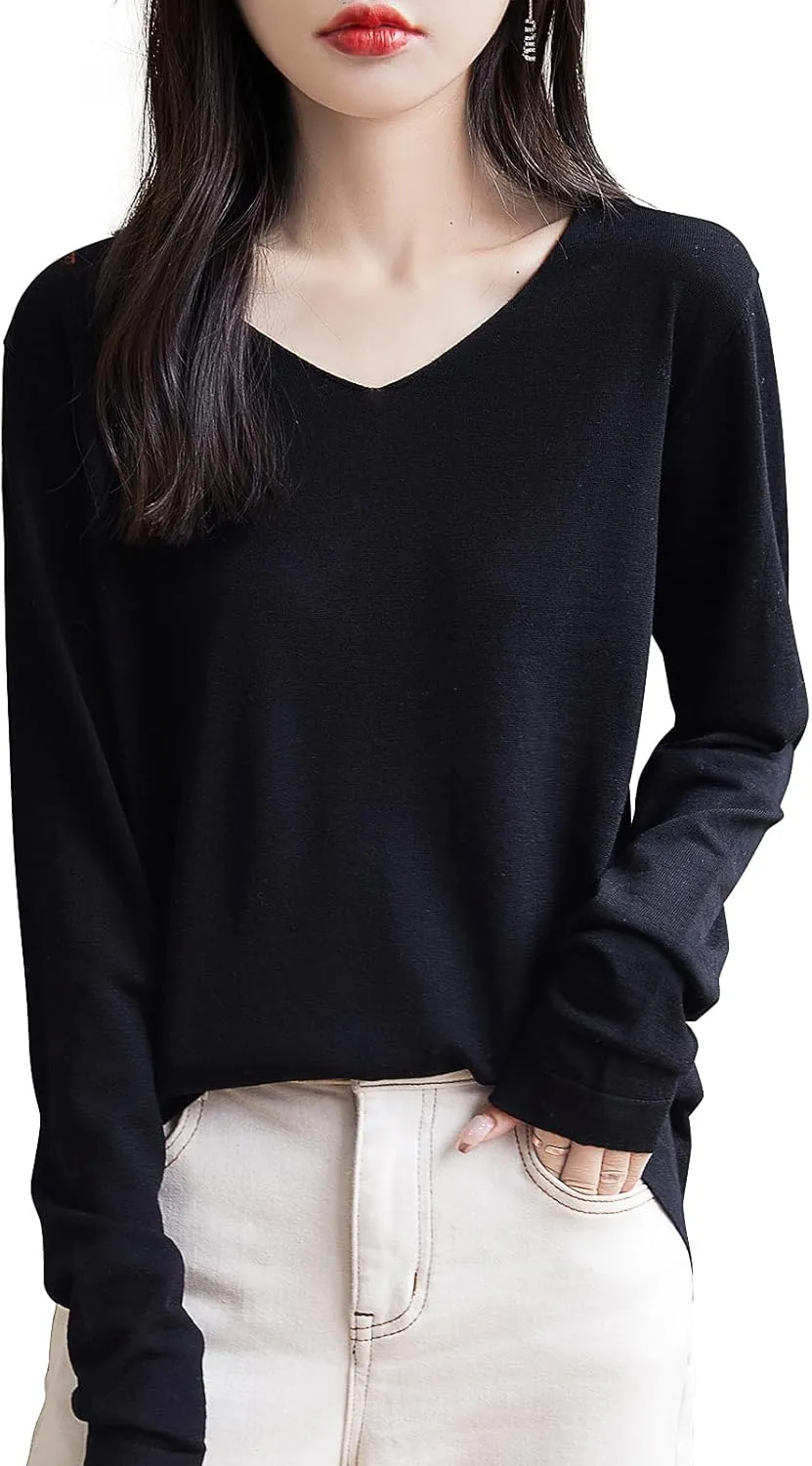 Women's 100% Merino Wool Base Layer Shirt Tops V Neck Long Sleeve Travel Hiking Tee T Shirt Pullover Sweater