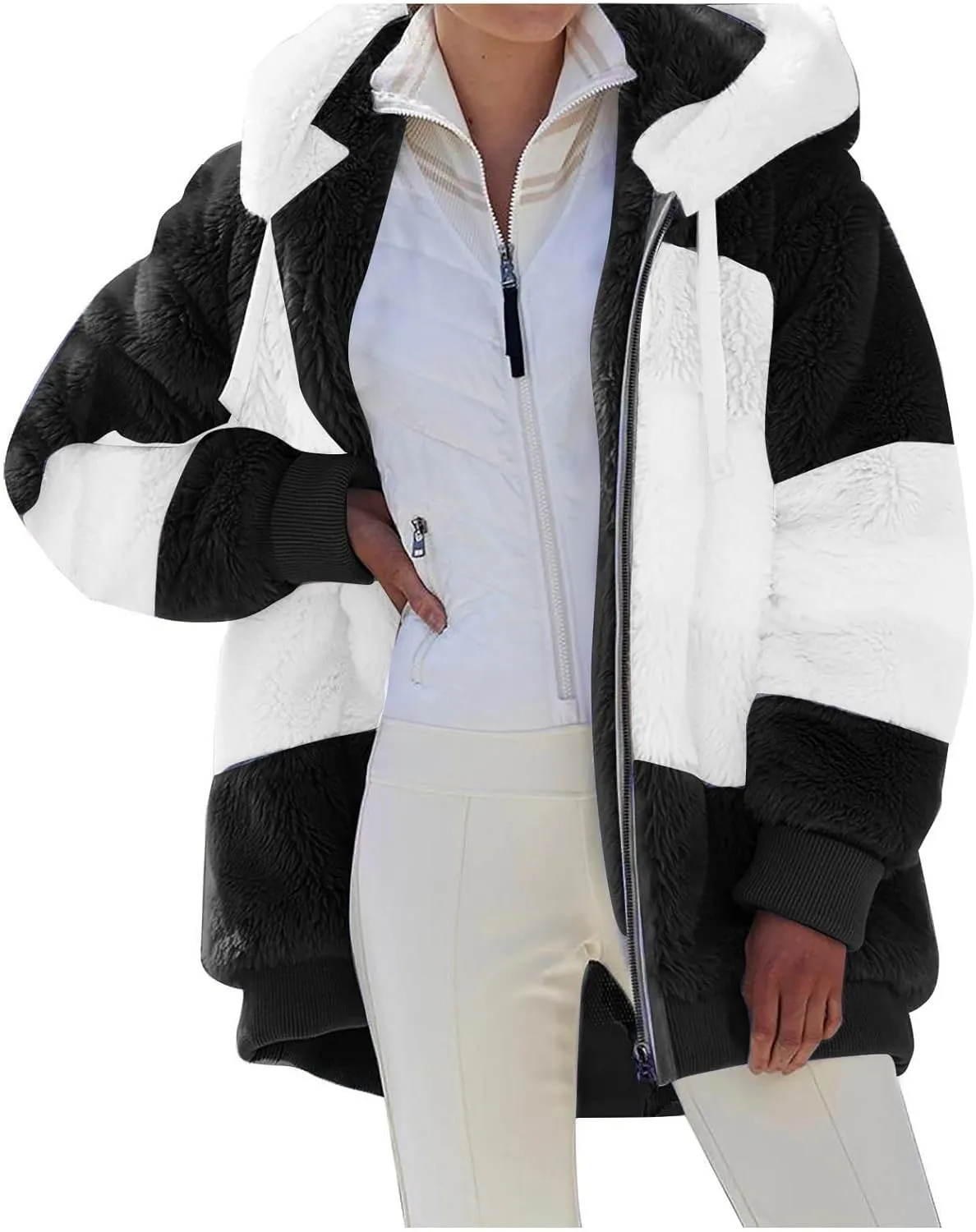 Womens 2024 Plus Size Fuzzy Fleece Jacket Winter Full Zip Plush Hooded Cardigan Coats Soft Shaggy Warm Outerwear