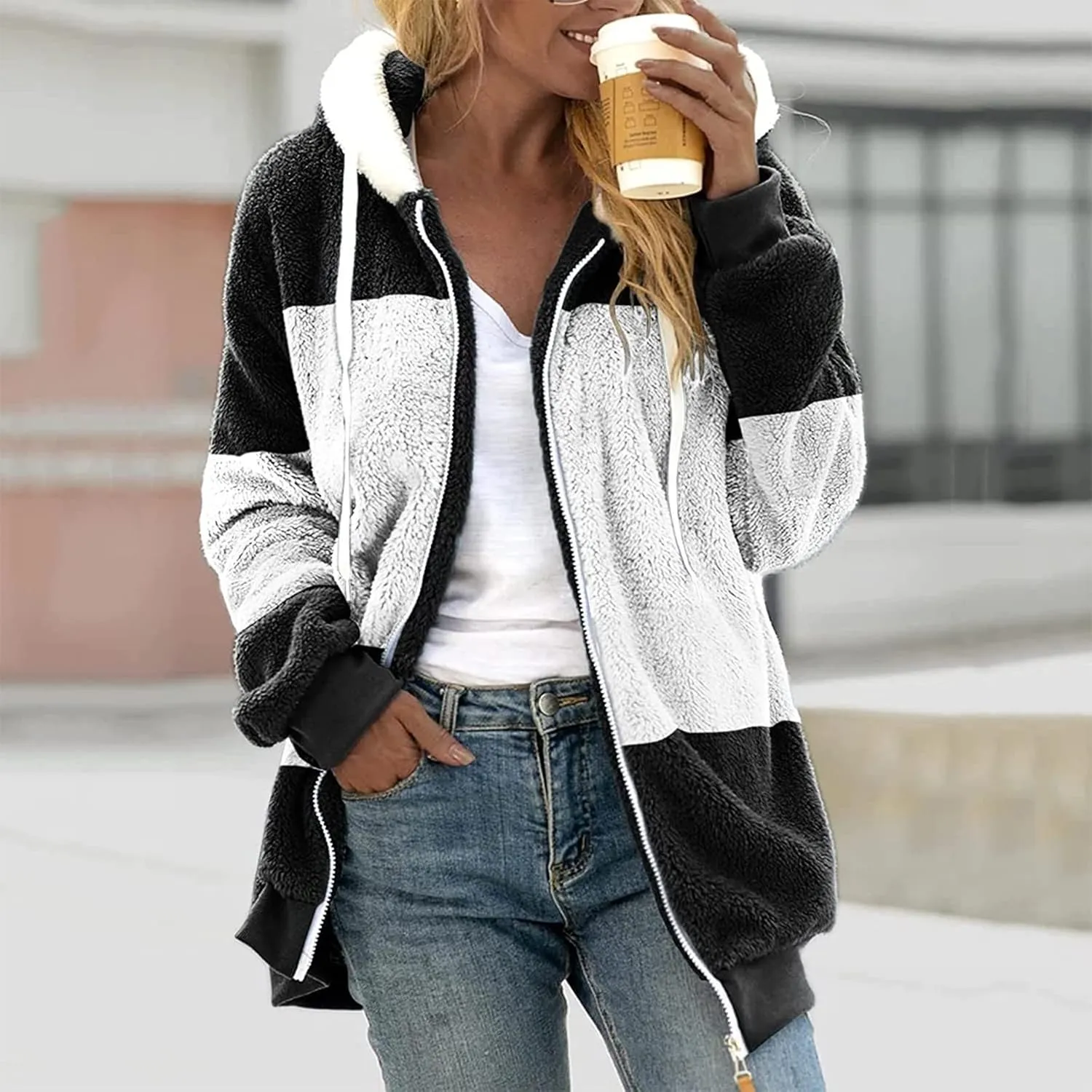 Womens 2024 Plus Size Fuzzy Fleece Jacket Winter Full Zip Plush Hooded Cardigan Coats Soft Shaggy Warm Outerwear