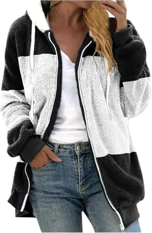 Womens 2024 Plus Size Fuzzy Fleece Jacket Winter Full Zip Plush Hooded Cardigan Coats Soft Shaggy Warm Outerwear