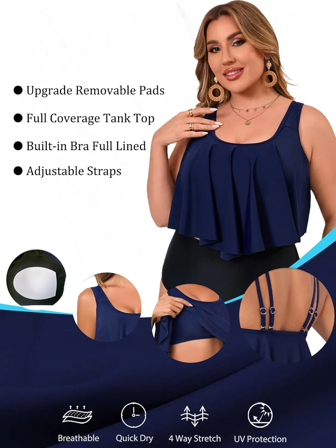 Women's Bikini Top Tankini Tops Push Up Bathing Suit Top Flounce Swimsuit Tops Swim Bra for Large Bust