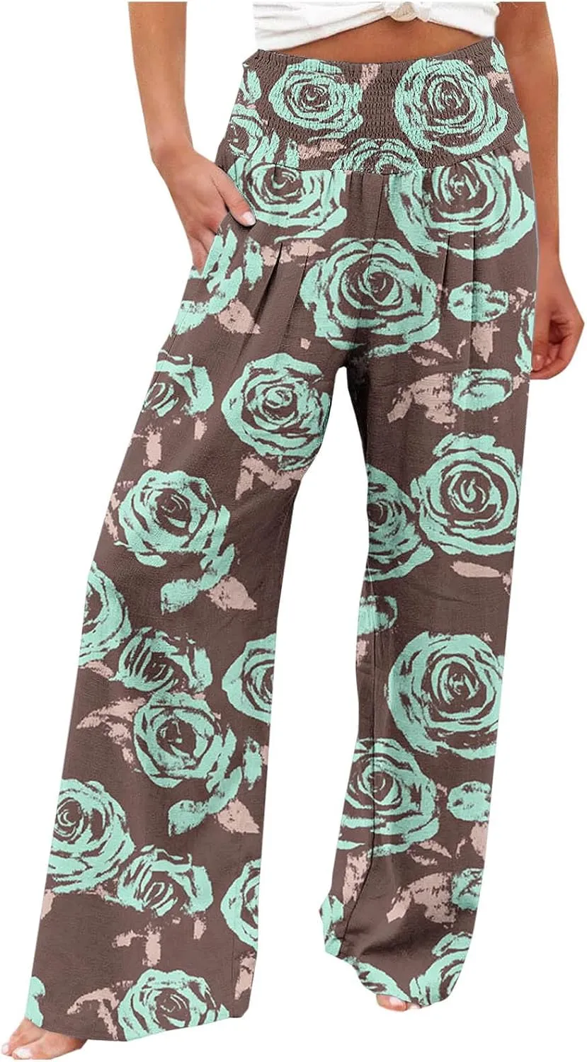 Womens Boho Palazzo Pants Casual Printed Loose Linen Wide Leg Pants Drawstring Waist Beach Harem Trouser with Pockets