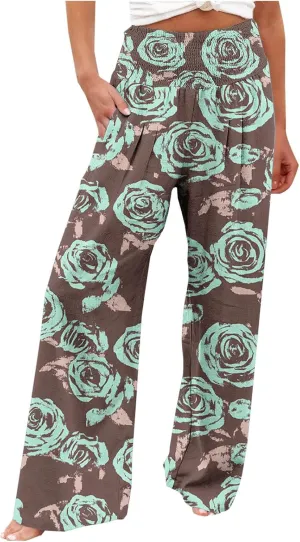 Womens Boho Palazzo Pants Casual Printed Loose Linen Wide Leg Pants Drawstring Waist Beach Harem Trouser with Pockets