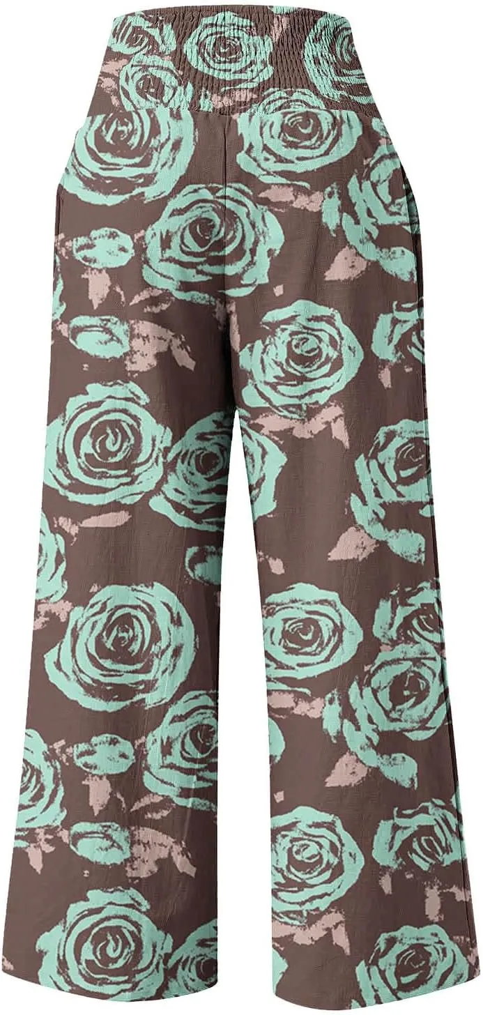 Womens Boho Palazzo Pants Casual Printed Loose Linen Wide Leg Pants Drawstring Waist Beach Harem Trouser with Pockets