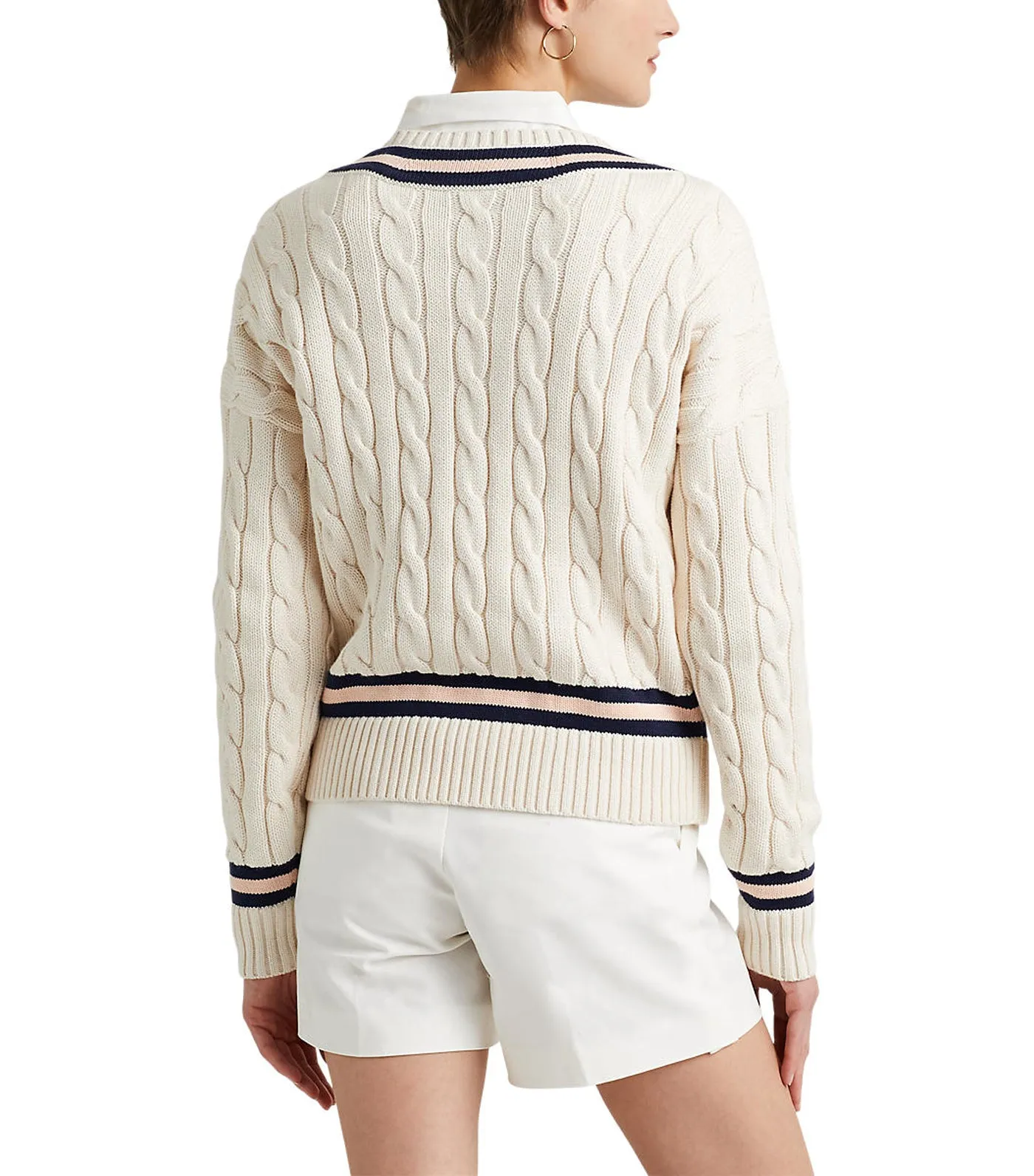 Women's Cable-Knit Cricket Sweater Cream/Navy/Pink