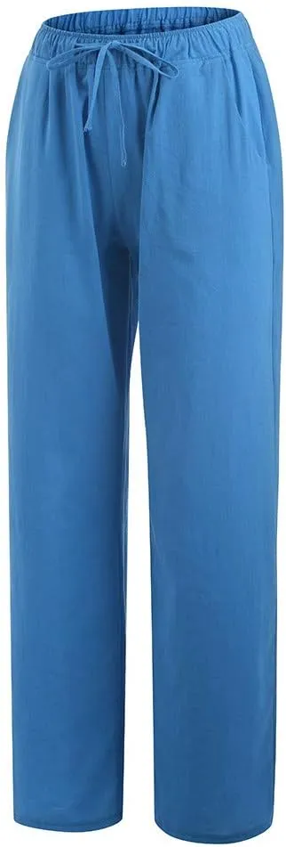 Womens Casual Cotton Linen Pants High Waist Drawstring Wide Leg Palazzo Pant Lightweight Loose Fit Lounge Trousers