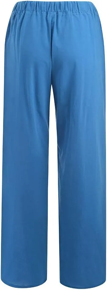 Womens Casual Cotton Linen Pants High Waist Drawstring Wide Leg Palazzo Pant Lightweight Loose Fit Lounge Trousers