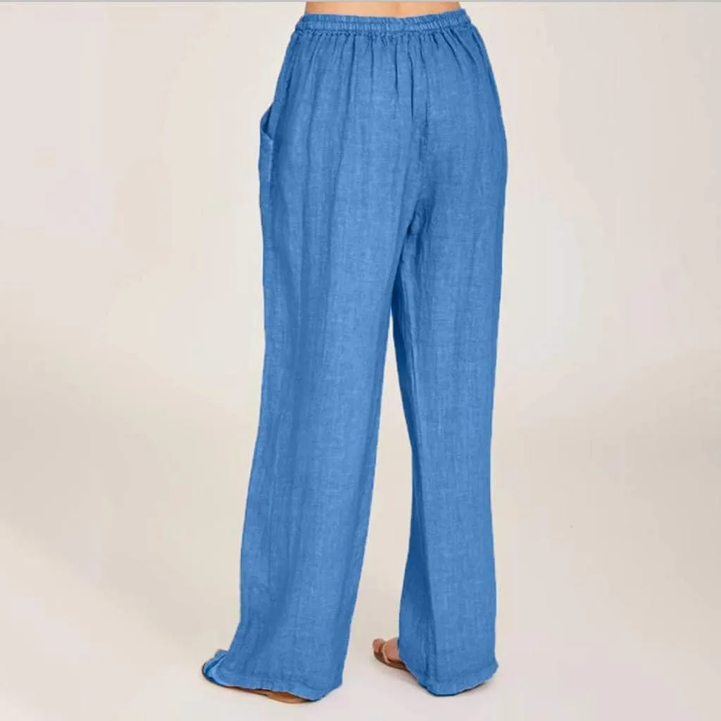 Womens Casual Cotton Linen Pants High Waist Drawstring Wide Leg Palazzo Pant Lightweight Loose Fit Lounge Trousers