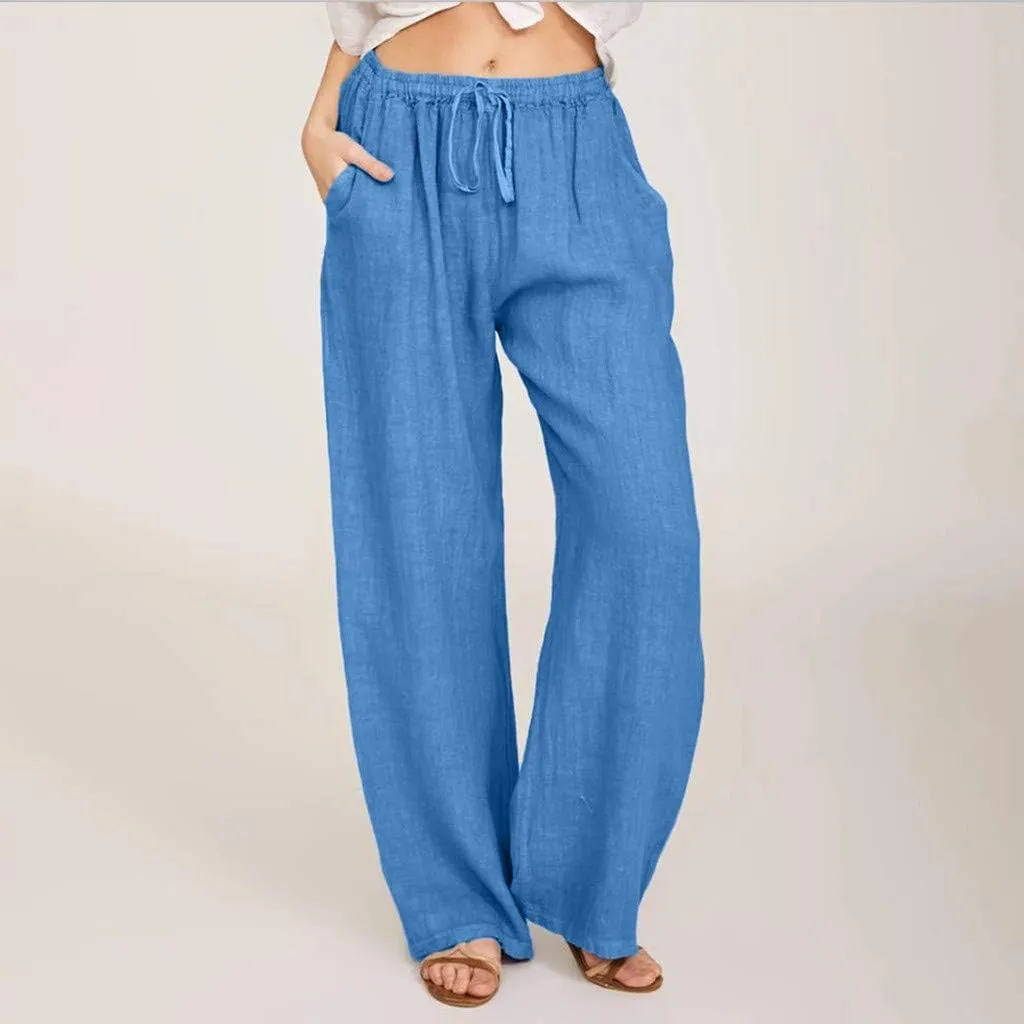 Womens Casual Cotton Linen Pants High Waist Drawstring Wide Leg Palazzo Pant Lightweight Loose Fit Lounge Trousers