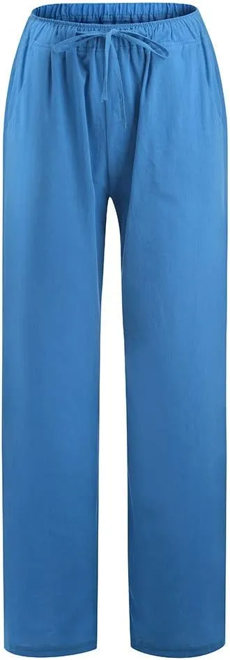 Womens Casual Cotton Linen Pants High Waist Drawstring Wide Leg Palazzo Pant Lightweight Loose Fit Lounge Trousers
