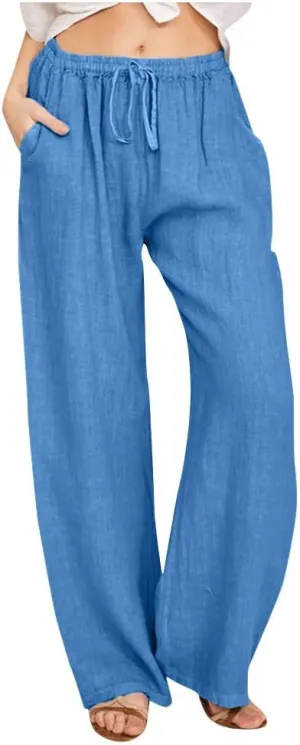 Womens Casual Cotton Linen Pants High Waist Drawstring Wide Leg Palazzo Pant Lightweight Loose Fit Lounge Trousers