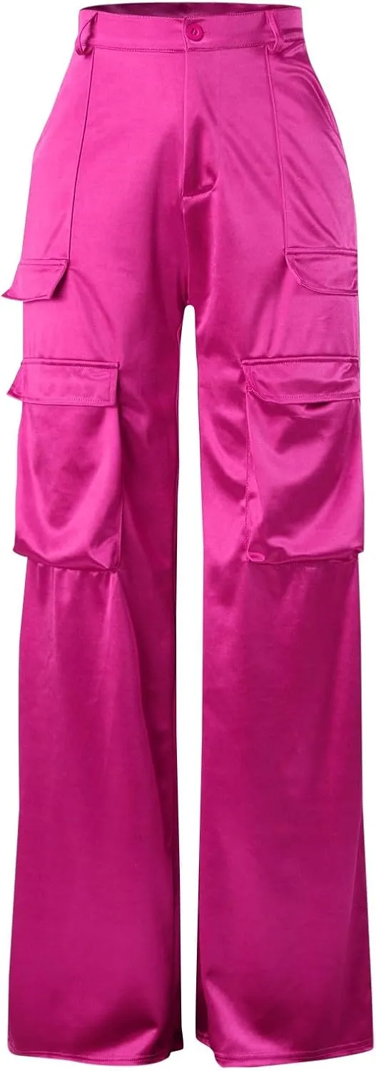 Women's Casual Fashion Pants Muilt Pocket Pants High Rise Satin Soft Track Suit Sweatpants Baggy Wide Leg Trousers