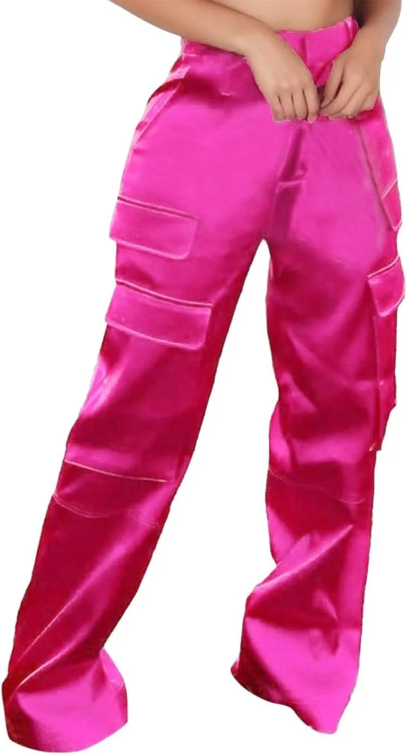 Women's Casual Fashion Pants Muilt Pocket Pants High Rise Satin Soft Track Suit Sweatpants Baggy Wide Leg Trousers