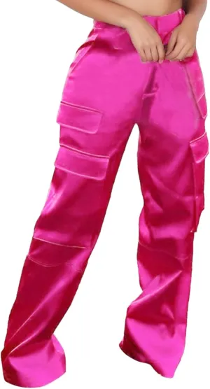 Women's Casual Fashion Pants Muilt Pocket Pants High Rise Satin Soft Track Suit Sweatpants Baggy Wide Leg Trousers