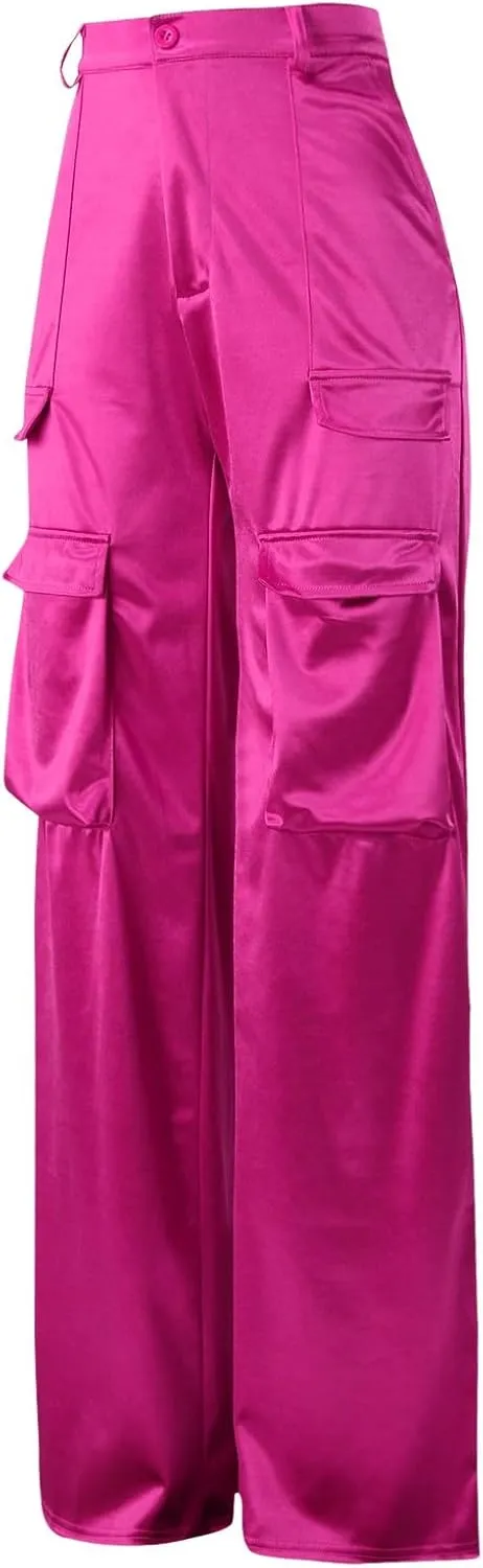 Women's Casual Fashion Pants Muilt Pocket Pants High Rise Satin Soft Track Suit Sweatpants Baggy Wide Leg Trousers
