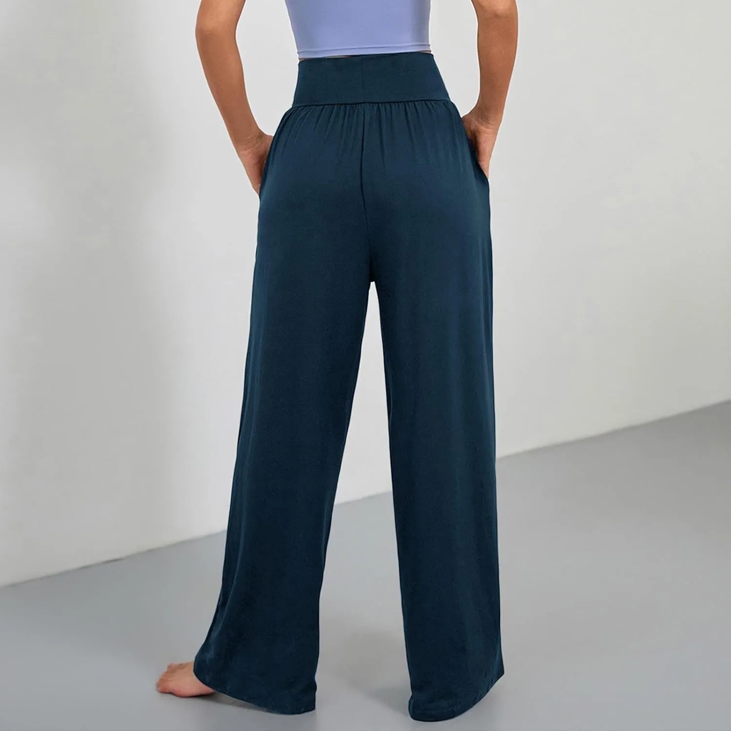 Womens Casual High Waist Elastic Yoga Pants Solid Color Straight Wide Leg Sports Pants Fashion Loose Fit Trousers