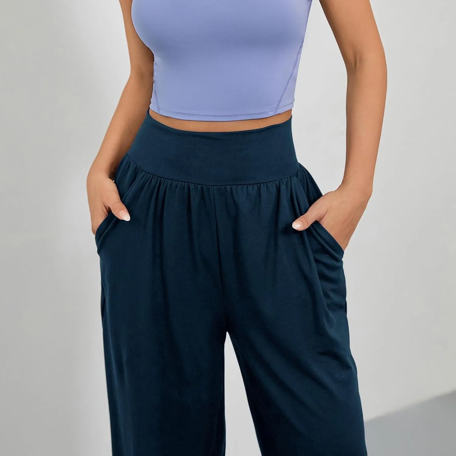 Womens Casual High Waist Elastic Yoga Pants Solid Color Straight Wide Leg Sports Pants Fashion Loose Fit Trousers