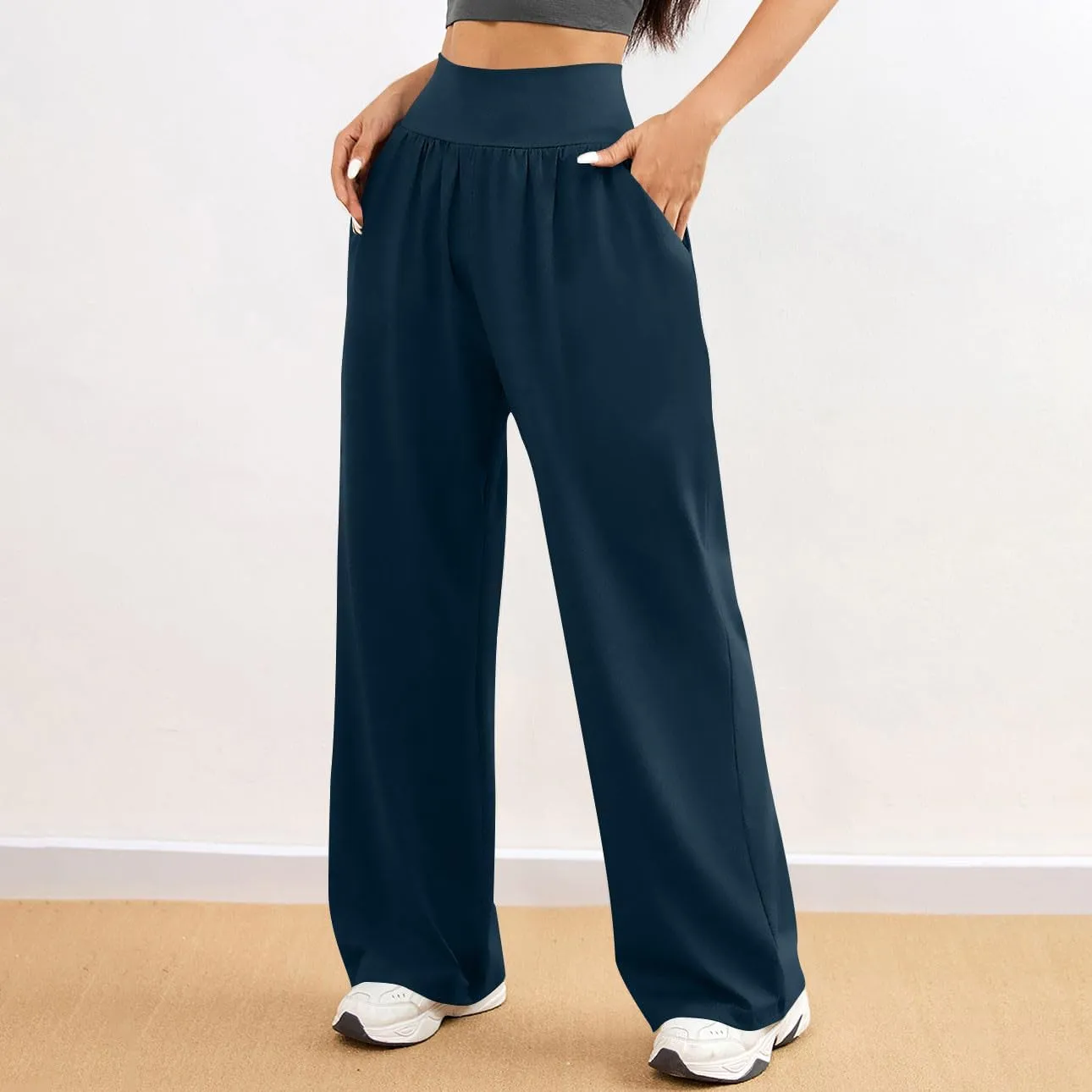 Womens Casual High Waist Elastic Yoga Pants Solid Color Straight Wide Leg Sports Pants Fashion Loose Fit Trousers