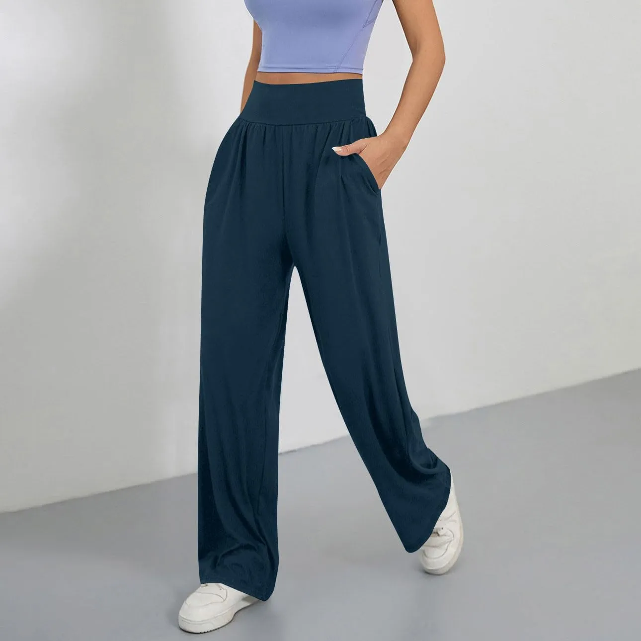 Womens Casual High Waist Elastic Yoga Pants Solid Color Straight Wide Leg Sports Pants Fashion Loose Fit Trousers