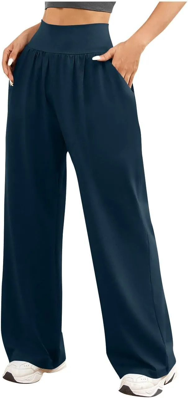 Womens Casual High Waist Elastic Yoga Pants Solid Color Straight Wide Leg Sports Pants Fashion Loose Fit Trousers