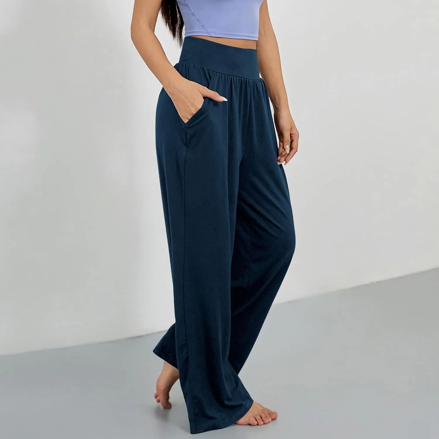 Womens Casual High Waist Elastic Yoga Pants Solid Color Straight Wide Leg Sports Pants Fashion Loose Fit Trousers