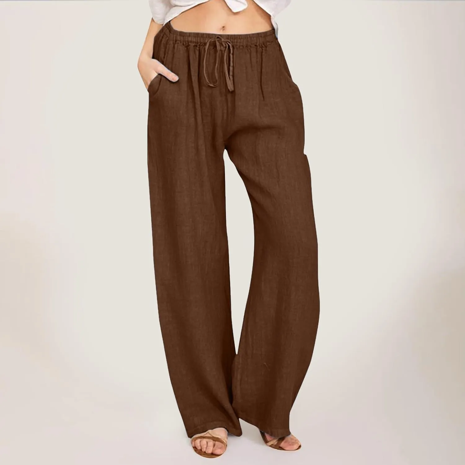 Womens Casual Linen Pants Baggy High Waist Drawstring Straight Leg Pants Summer Lounge Trousers with Pockets