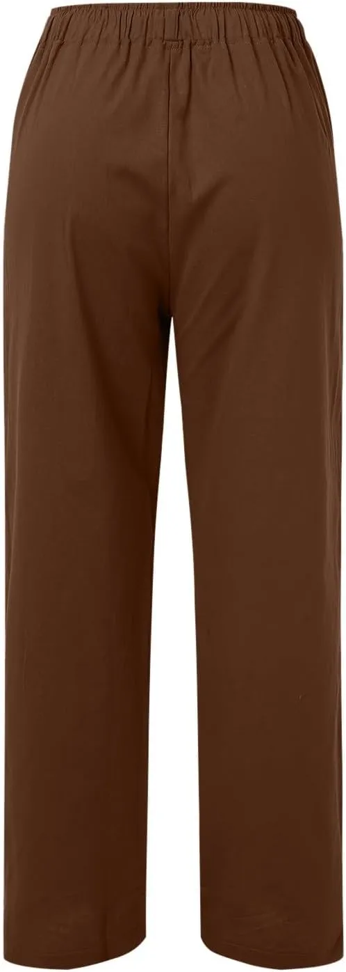 Womens Casual Linen Pants Baggy High Waist Drawstring Straight Leg Pants Summer Lounge Trousers with Pockets