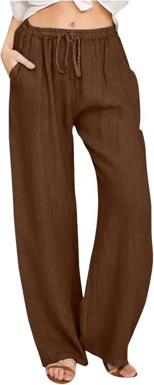 Womens Casual Linen Pants Baggy High Waist Drawstring Straight Leg Pants Summer Lounge Trousers with Pockets