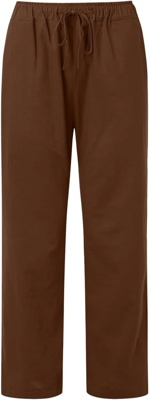 Womens Casual Linen Pants Baggy High Waist Drawstring Straight Leg Pants Summer Lounge Trousers with Pockets
