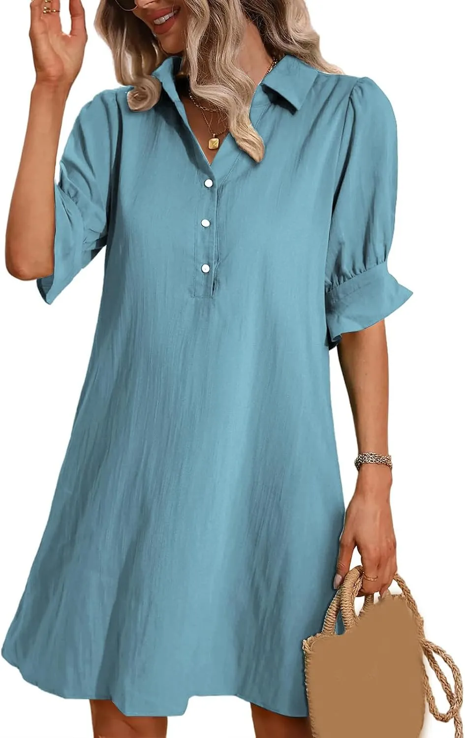 Womens Casual Shirt Dress Ruffle Sleeve Button Down Shirt Dress Summer Loose Mini Dresses for Women Solid Color