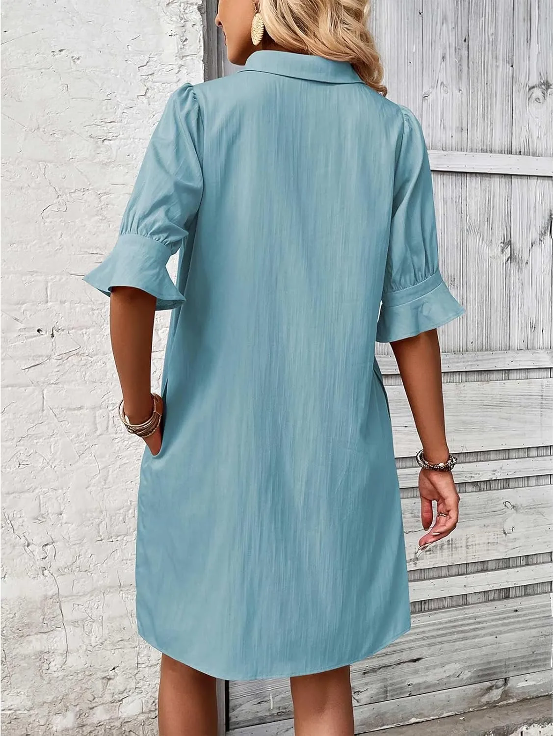 Womens Casual Shirt Dress Ruffle Sleeve Button Down Shirt Dress Summer Loose Mini Dresses for Women Solid Color