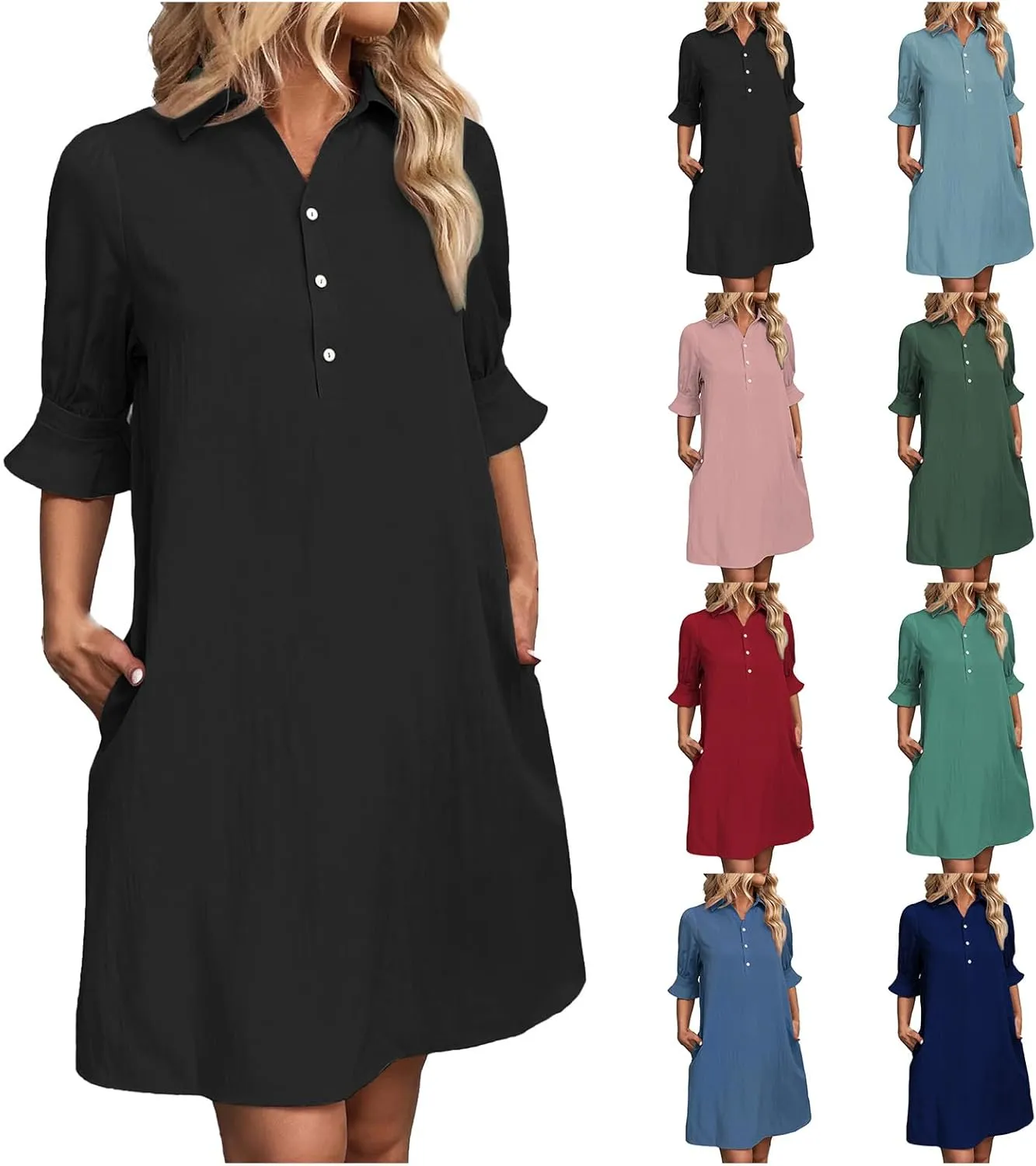Womens Casual Shirt Dress Ruffle Sleeve Button Down Shirt Dress Summer Loose Mini Dresses for Women Solid Color