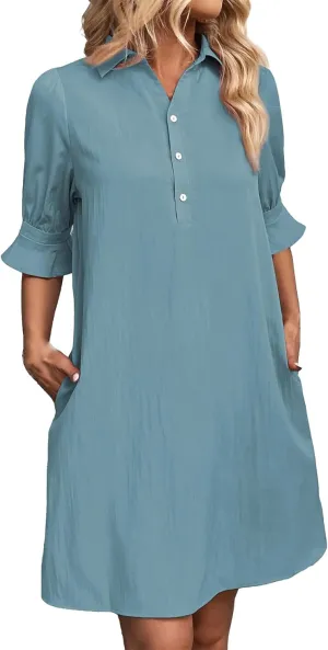 Womens Casual Shirt Dress Ruffle Sleeve Button Down Shirt Dress Summer Loose Mini Dresses for Women Solid Color