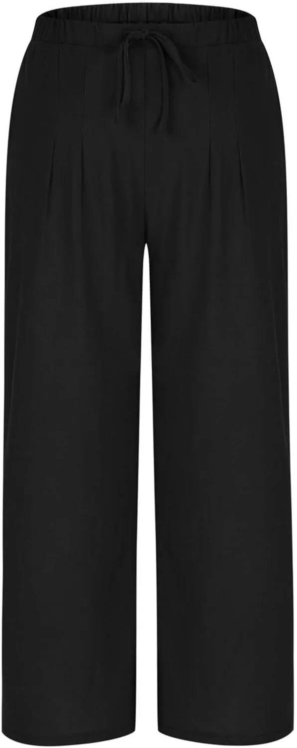 Womens Cotton Linen Palazzo Pants Drawstring Elastic Waist Casual Wide Leg Trousers Pocket Summer Vacation Beach Pant