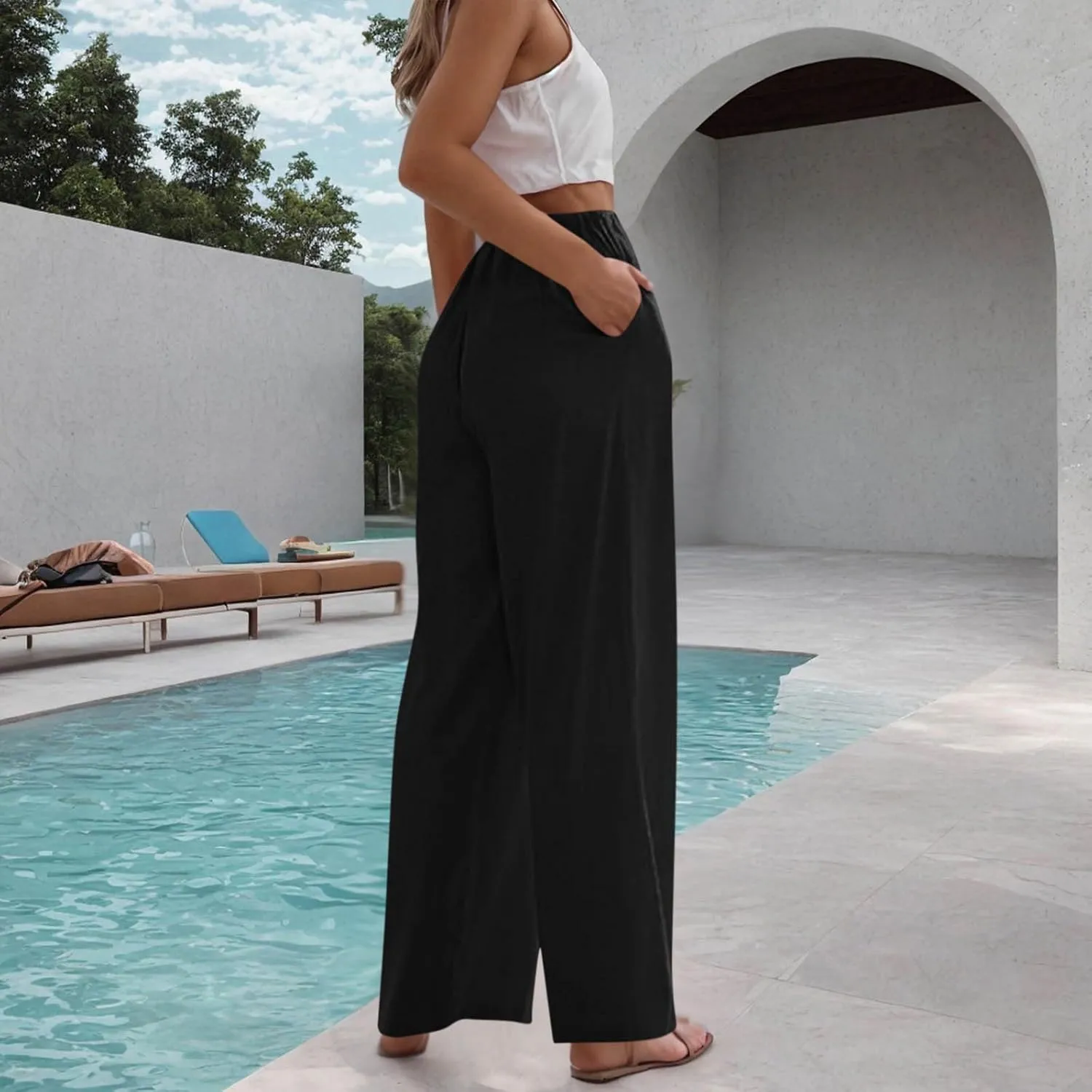 Womens Cotton Linen Palazzo Pants Drawstring Elastic Waist Casual Wide Leg Trousers Pocket Summer Vacation Beach Pant