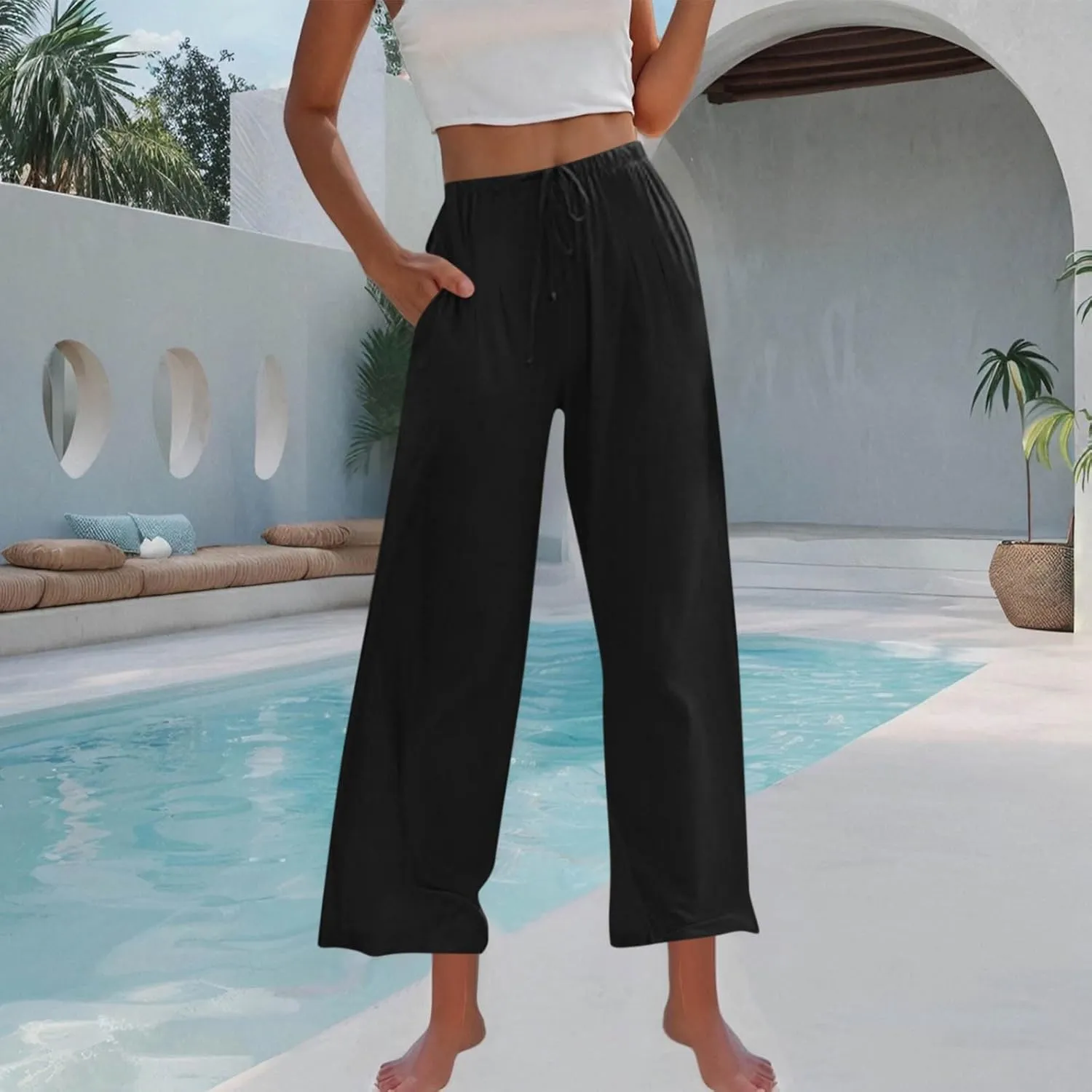 Womens Cotton Linen Palazzo Pants Drawstring Elastic Waist Casual Wide Leg Trousers Pocket Summer Vacation Beach Pant